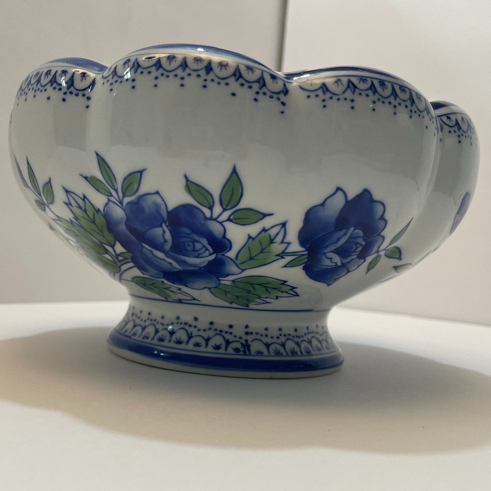 Floral Blue White Footed Planter Scalloped Edge AAA Import Decoware Fine Pottery